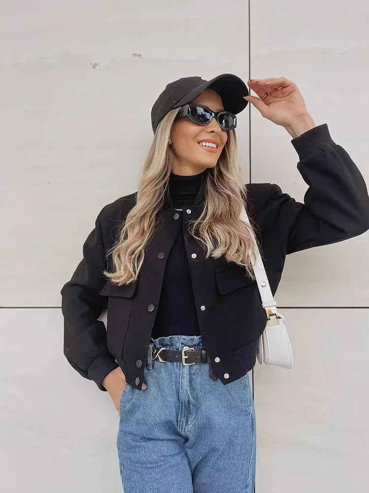 Clara  Cropped Bomber Jacket | Snap Buttons Flap Pockets Bomber Jacket