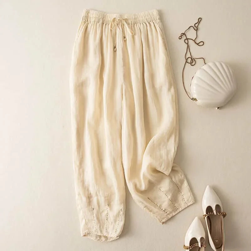 Amelia Relaxed Fit Pants | Drawstring Waist Embroidered Hem Pants