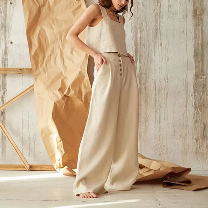 Isla Pleated Wide-Leg Pants | Button Front Pockets Pants