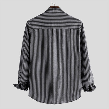 Leo Relaxed Fit Band Collar Shirt | Striped Hip-Length Shirt