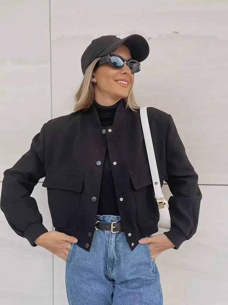 Clara  Cropped Bomber Jacket | Snap Buttons Flap Pockets Bomber Jacket
