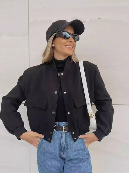 Clara  Cropped Bomber Jacket | Snap Buttons Flap Pockets Bomber Jacket