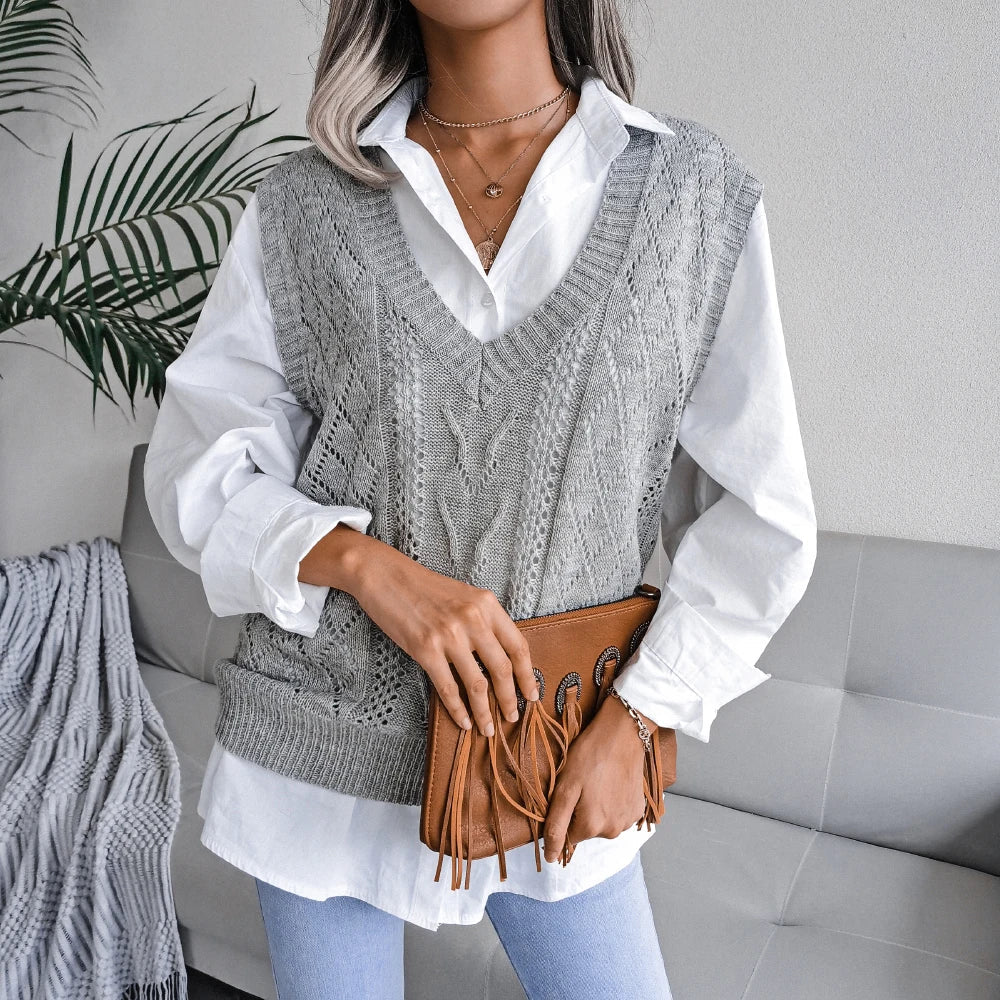 Amelia Textured Knit Cable Knit Sweater Vest | Relaxed Fit V-Neck Sleeveless Sweater Vest