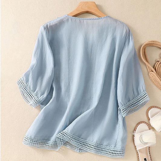 Isla Relaxed Fit Blouse | Button Front Lace Trim Blouse