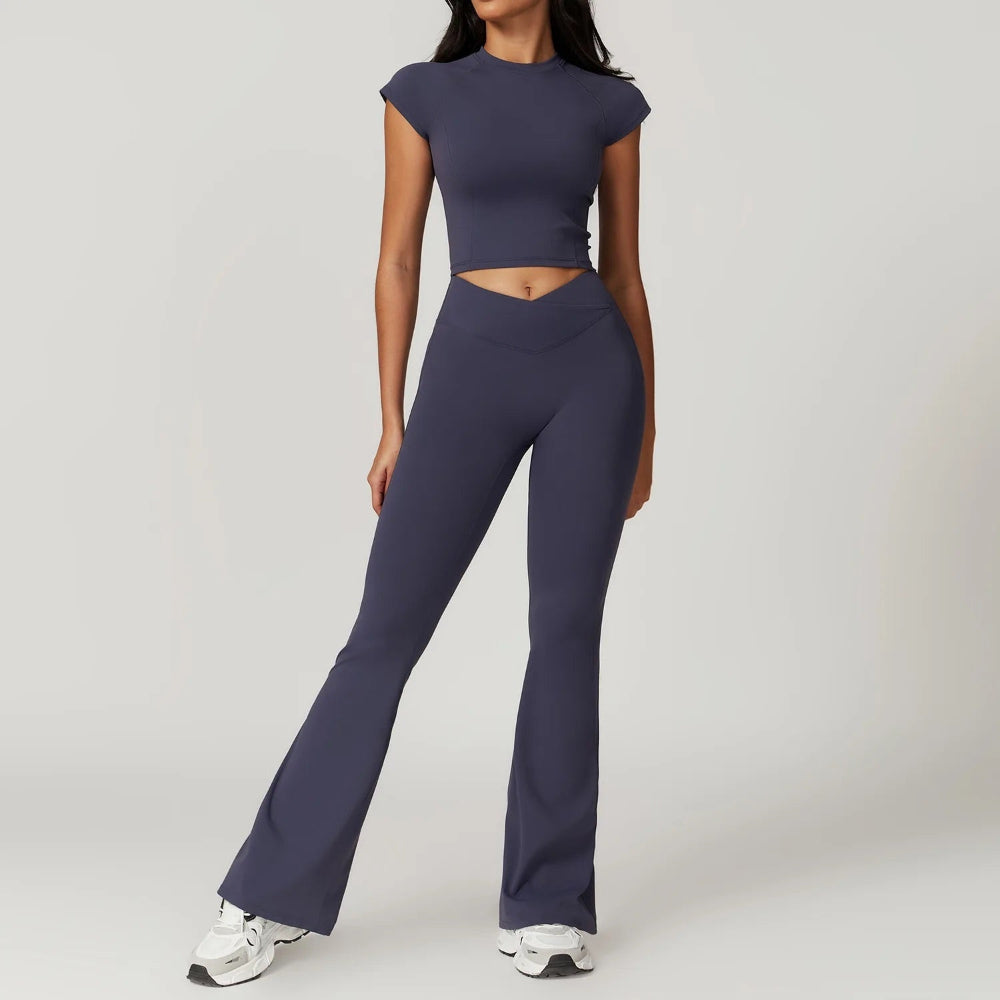 Freya Form-Fitting Crop Top And Fitted Flare Flare Leggings Two-Piece Set | Crewneck Cap Sleeve Crop Top And Flare Leggings