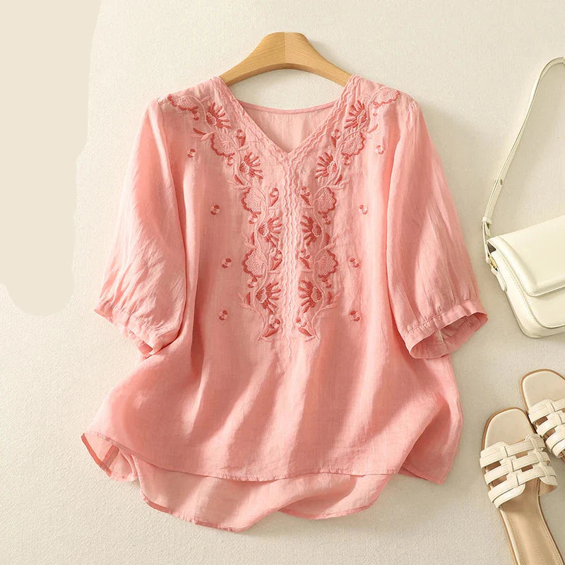 Isla Embroidered Relaxed Fit Blouse | V-Neck Gathered Sleeves Blouse