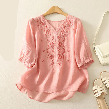 Isla Embroidered Relaxed Fit Blouse | V-Neck Gathered Sleeves Blouse