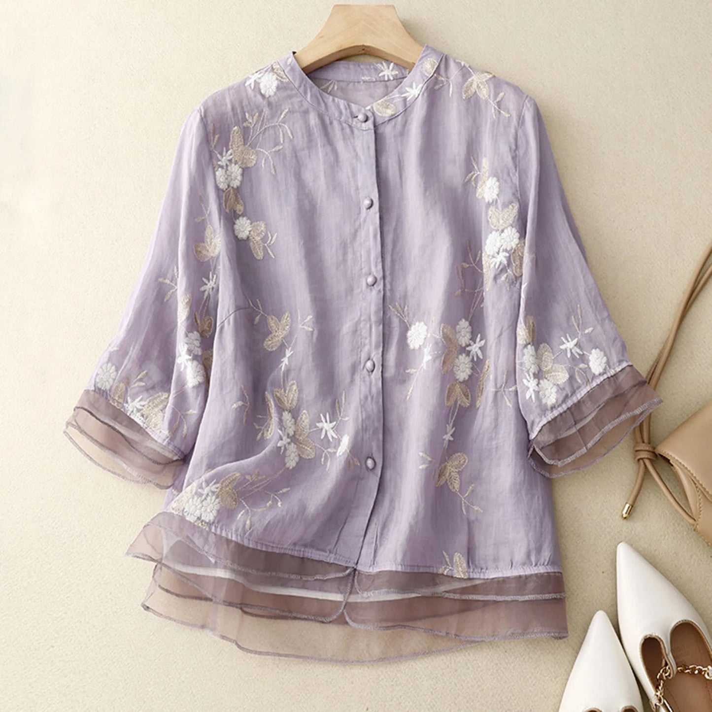 Olivia Relaxed Fit Blouse | Floral Embroidered Hip-Length Blouse