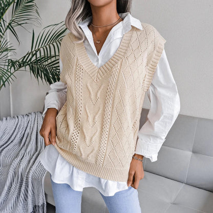 Amelia Textured Knit Cable Knit Sweater Vest | Relaxed Fit V-Neck Sleeveless Sweater Vest
