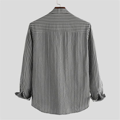 Leo Relaxed Fit Band Collar Shirt | Striped Hip-Length Shirt