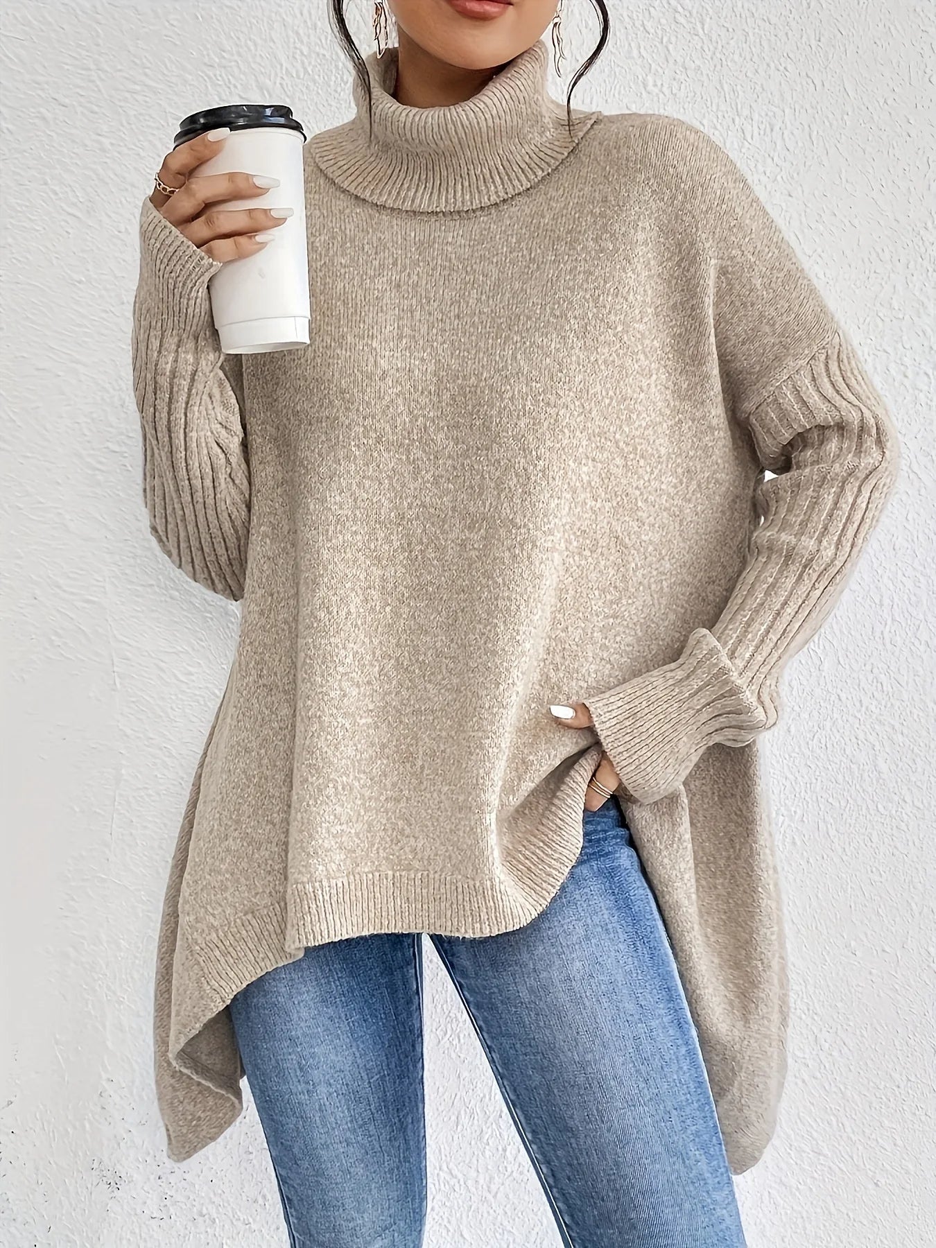 Isla Relaxed Fit Turtleneck Sweater | Ribbed Cuffs High-Low Hem Sweater