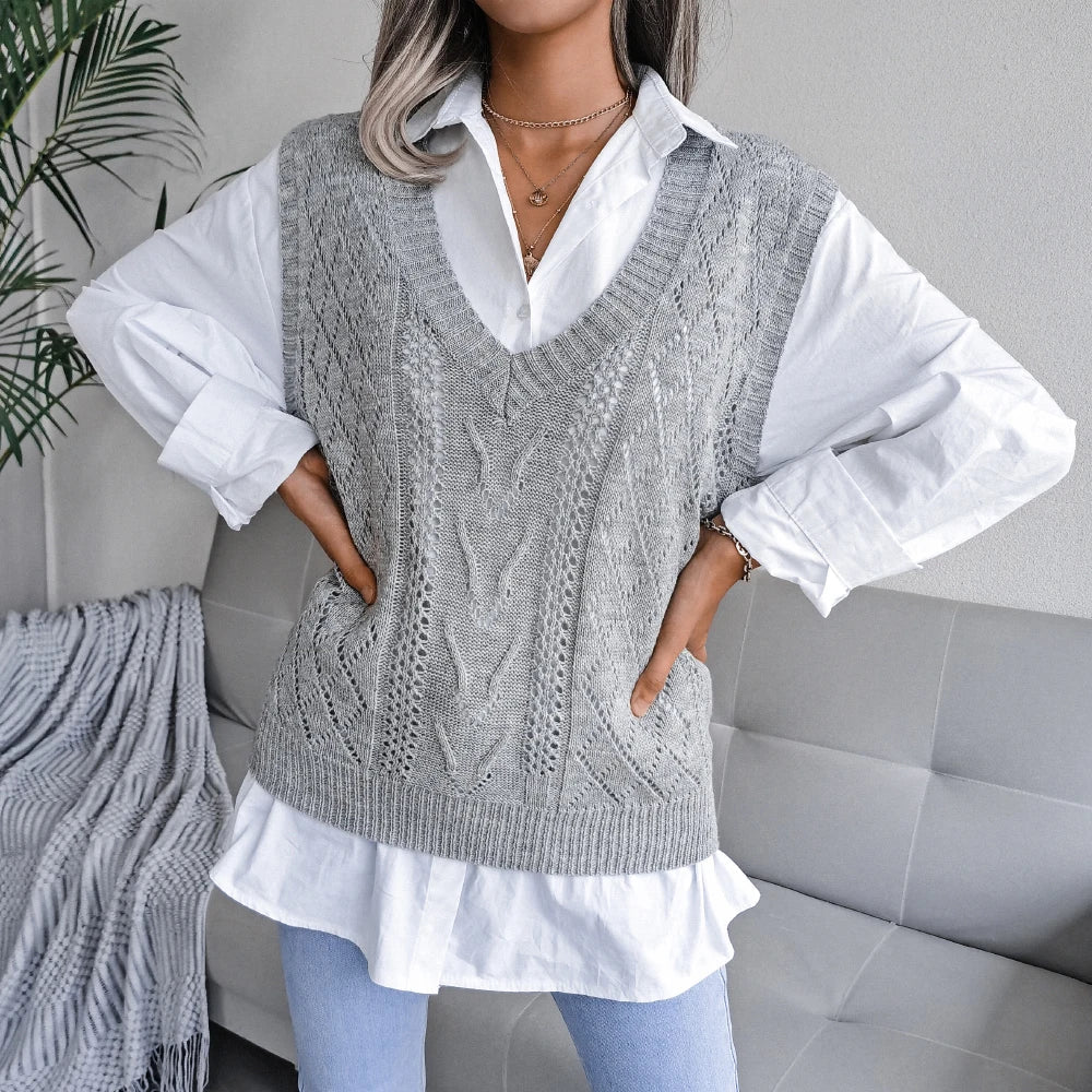 Amelia Textured Knit Cable Knit Sweater Vest | Relaxed Fit V-Neck Sleeveless Sweater Vest