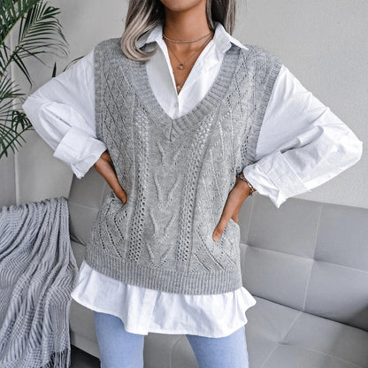 Amelia Textured Knit Cable Knit Sweater Vest | Relaxed Fit V-Neck Sleeveless Sweater Vest