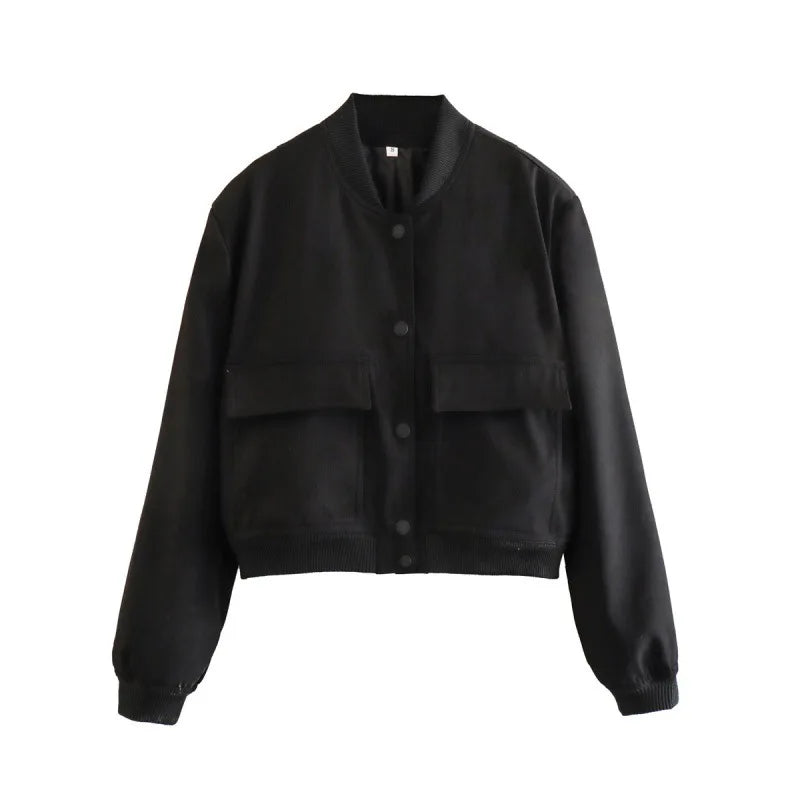 Clara  Cropped Bomber Jacket | Snap Buttons Flap Pockets Bomber Jacket