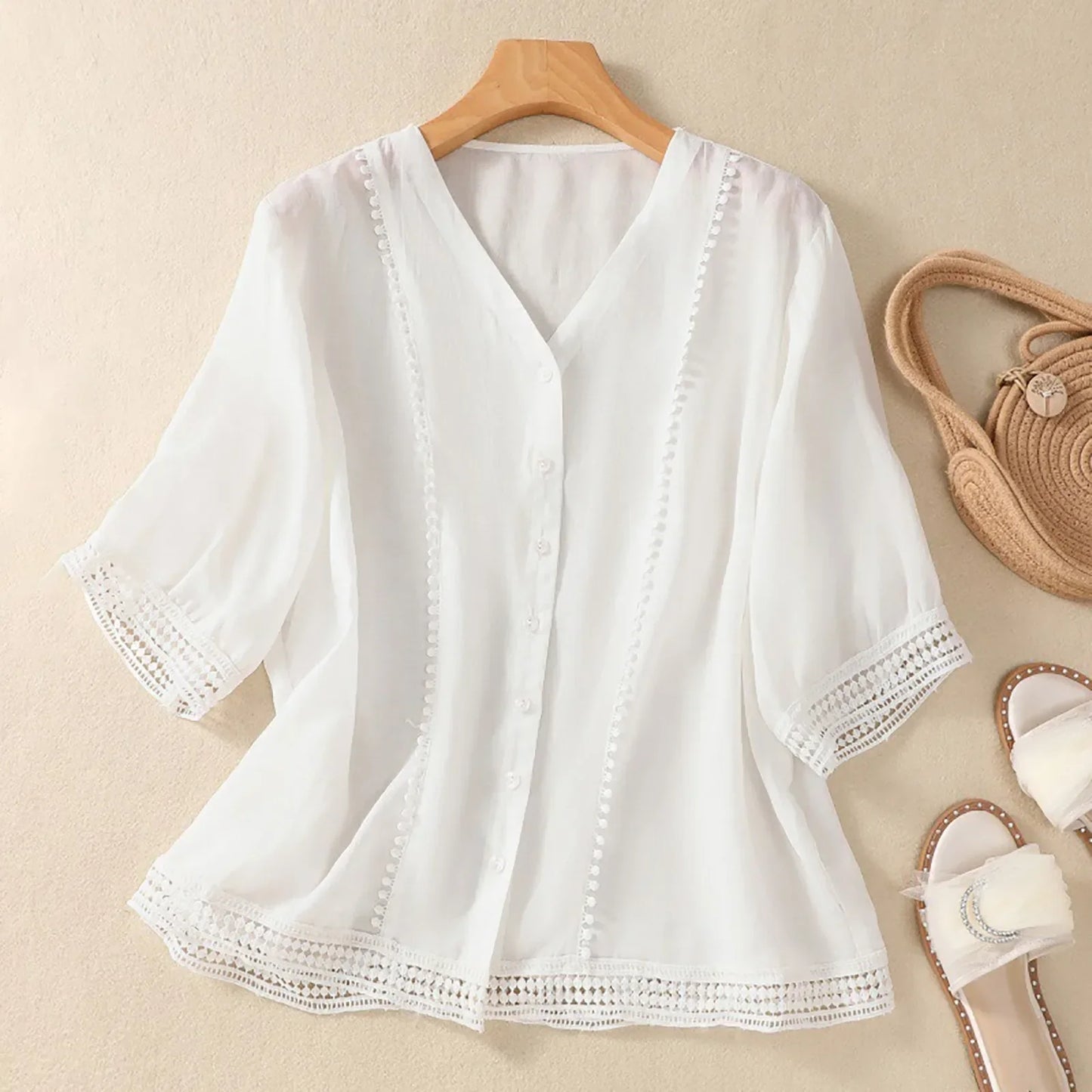 Isla Relaxed Fit Blouse | Button Front Lace Trim Blouse