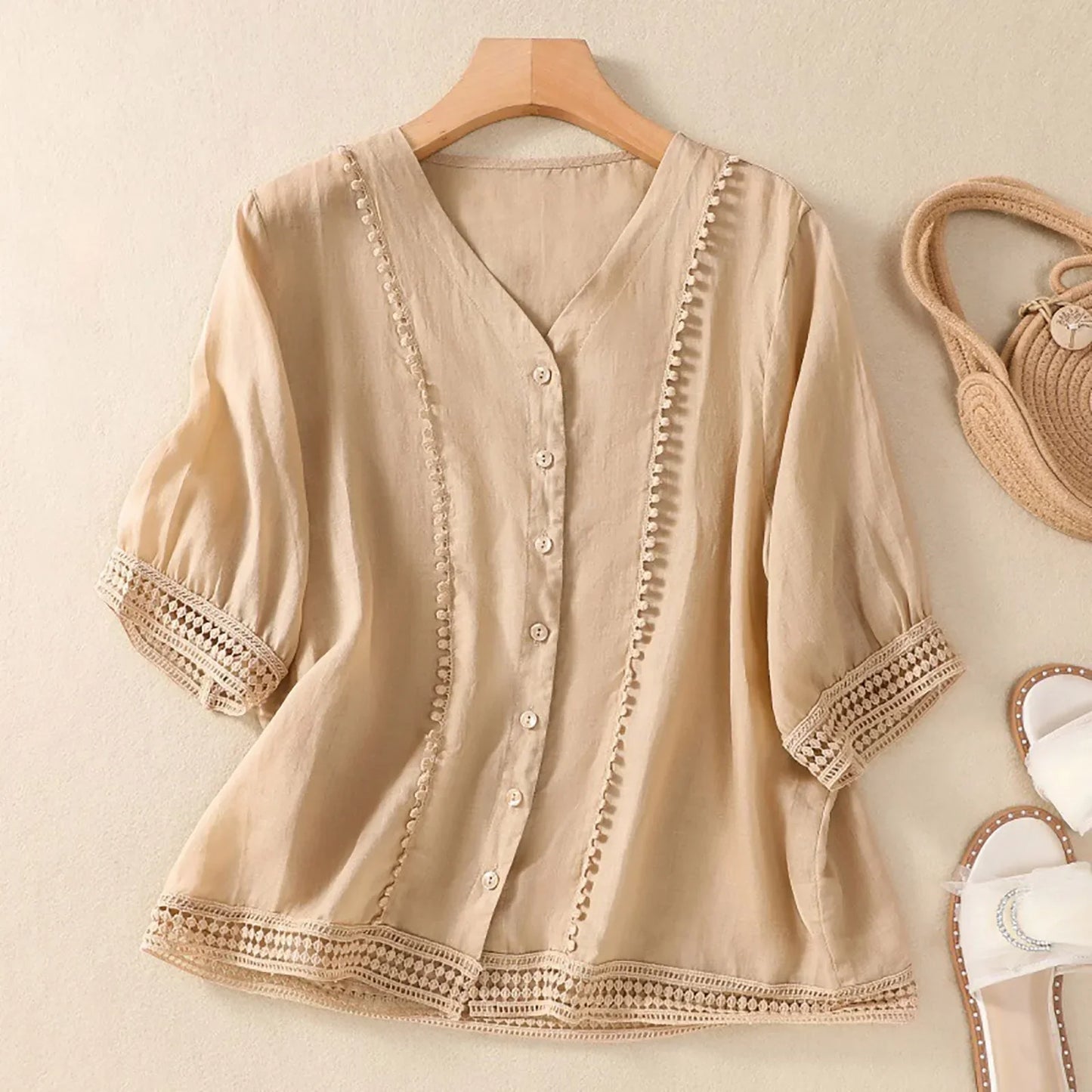Isla Relaxed Fit Blouse | Button Front Lace Trim Blouse