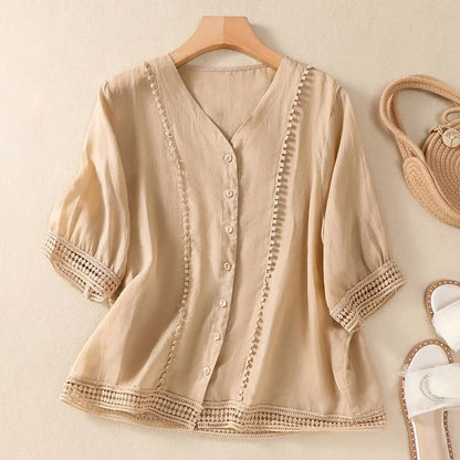 Isla Relaxed Fit Blouse | Button Front Lace Trim Blouse