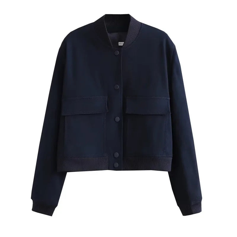 Clara  Cropped Bomber Jacket | Snap Buttons Flap Pockets Bomber Jacket