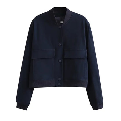 Clara  Cropped Bomber Jacket | Snap Buttons Flap Pockets Bomber Jacket