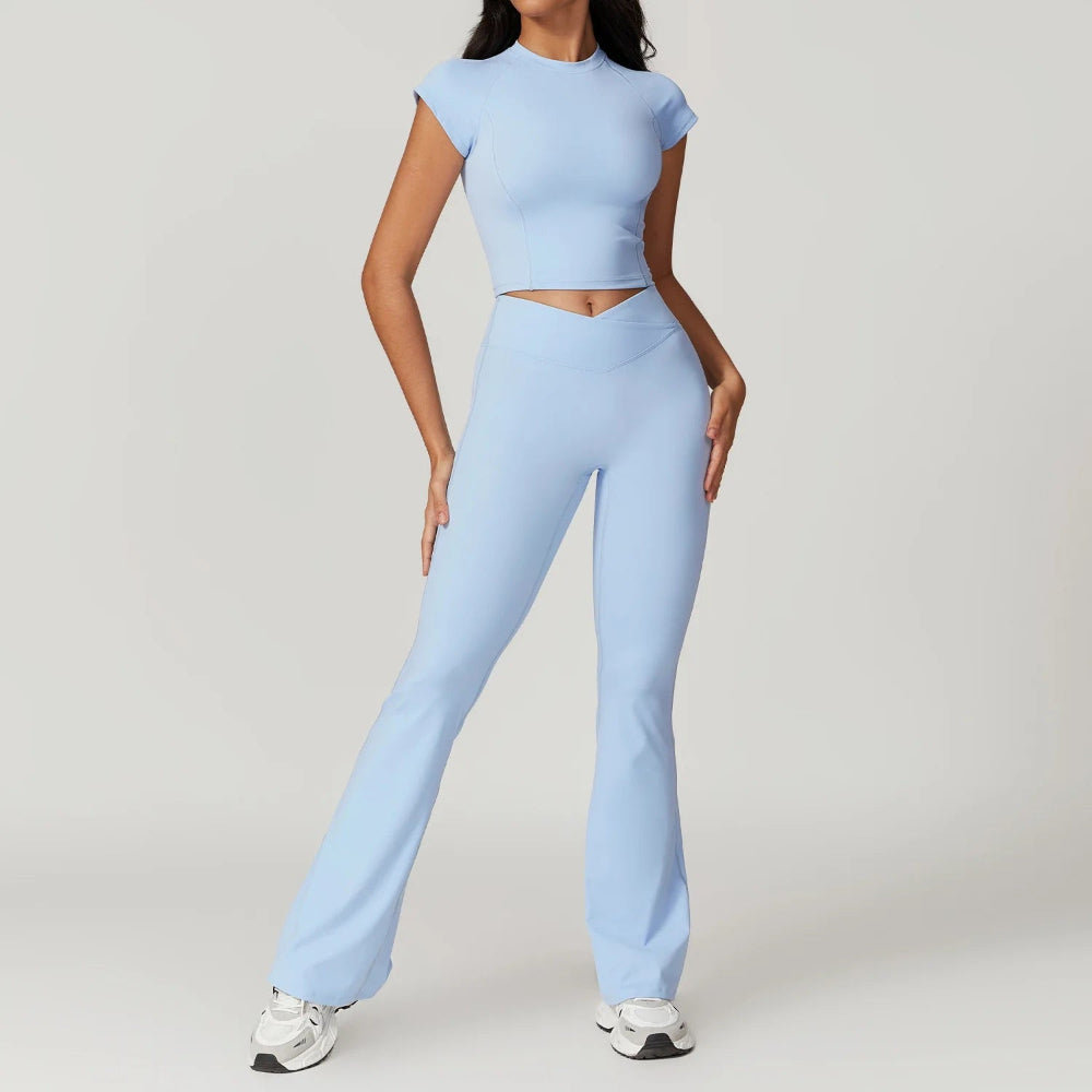Freya Form-Fitting Crop Top And Fitted Flare Flare Leggings Two-Piece Set | Crewneck Cap Sleeve Crop Top And Flare Leggings