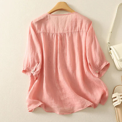 Isla Embroidered Relaxed Fit Blouse | V-Neck Gathered Sleeves Blouse