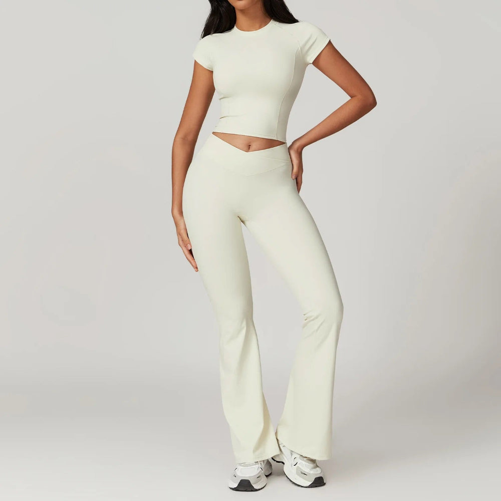 Freya Form-Fitting Crop Top And Fitted Flare Flare Leggings Two-Piece Set | Crewneck Cap Sleeve Crop Top And Flare Leggings