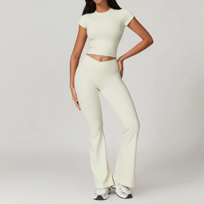 Freya Form-Fitting Crop Top And Fitted Flare Flare Leggings Two-Piece Set | Crewneck Cap Sleeve Crop Top And Flare Leggings
