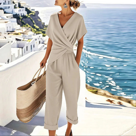 Olivia Relaxed Fit Wrap Blouse and Cropped Trousers Two-Piece Set | V-Neck Wrap Front Blouse Hip-Length Trousers