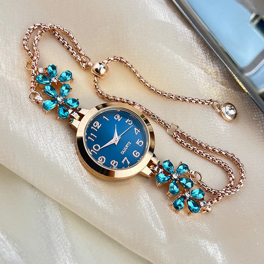 Isla Floral Jeweled Bracelet Style Wristwatch | Fur Trim Wristwatch