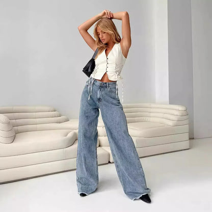 Viola Relaxed Wide-Leg Jeans | Raw Hem Five-Pocket Jeans