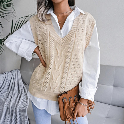 Amelia Textured Knit Cable Knit Sweater Vest | Relaxed Fit V-Neck Sleeveless Sweater Vest