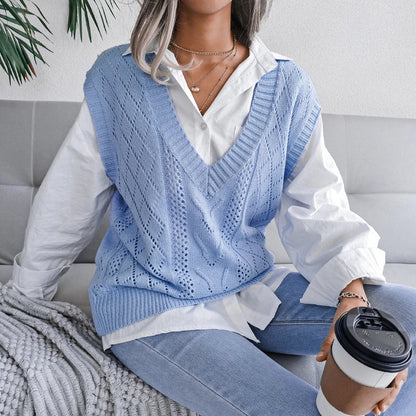 Amelia Textured Knit Cable Knit Sweater Vest | Relaxed Fit V-Neck Sleeveless Sweater Vest
