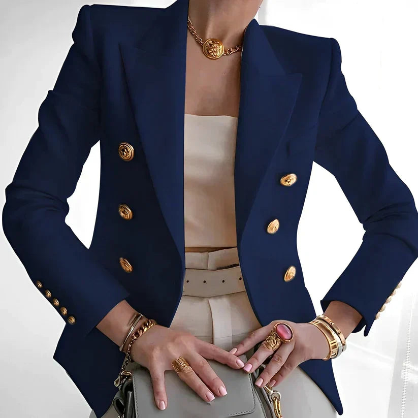 Sienna Tailored Double-Breasted Blazer | Gold Buttons Hip-Length Blazer