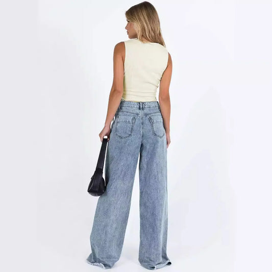 Viola Relaxed Wide-Leg Jeans | Raw Hem Five-Pocket Jeans