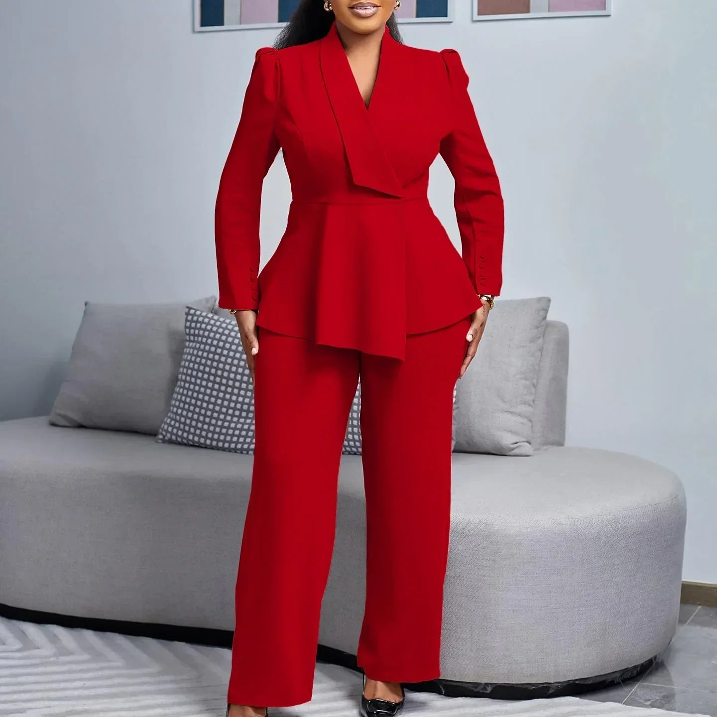 Valentina Peplum Blazer And Wide-Leg Trousers Two-Piece Set | Fitted Silhouette Solid Set
