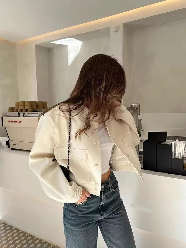 Clara  Cropped Bomber Jacket | Snap Buttons Flap Pockets Bomber Jacket