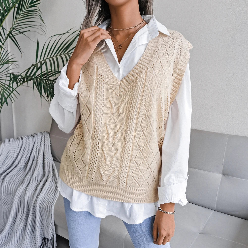 Amelia Textured Knit Cable Knit Sweater Vest | Relaxed Fit V-Neck Sleeveless Sweater Vest