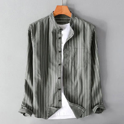 Leo Relaxed Fit Band Collar Shirt | Striped Hip-Length Shirt