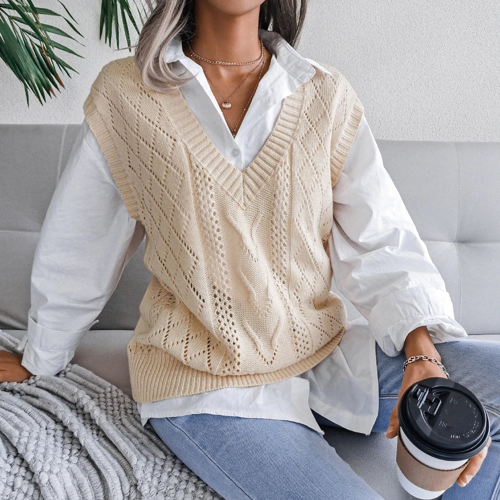 Amelia Textured Knit Cable Knit Sweater Vest | Relaxed Fit V-Neck Sleeveless Sweater Vest