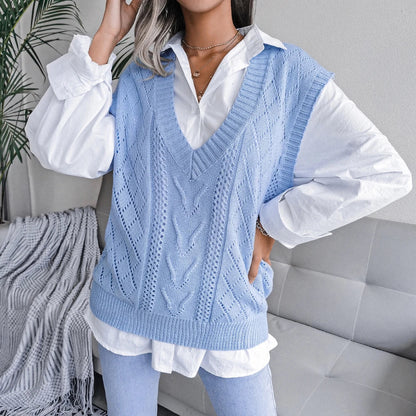 Amelia Textured Knit Cable Knit Sweater Vest | Relaxed Fit V-Neck Sleeveless Sweater Vest