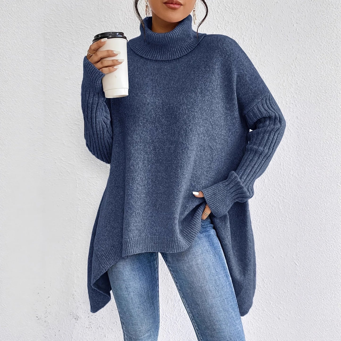 Isla Relaxed Fit Turtleneck Sweater | Ribbed Cuffs High-Low Hem Sweater