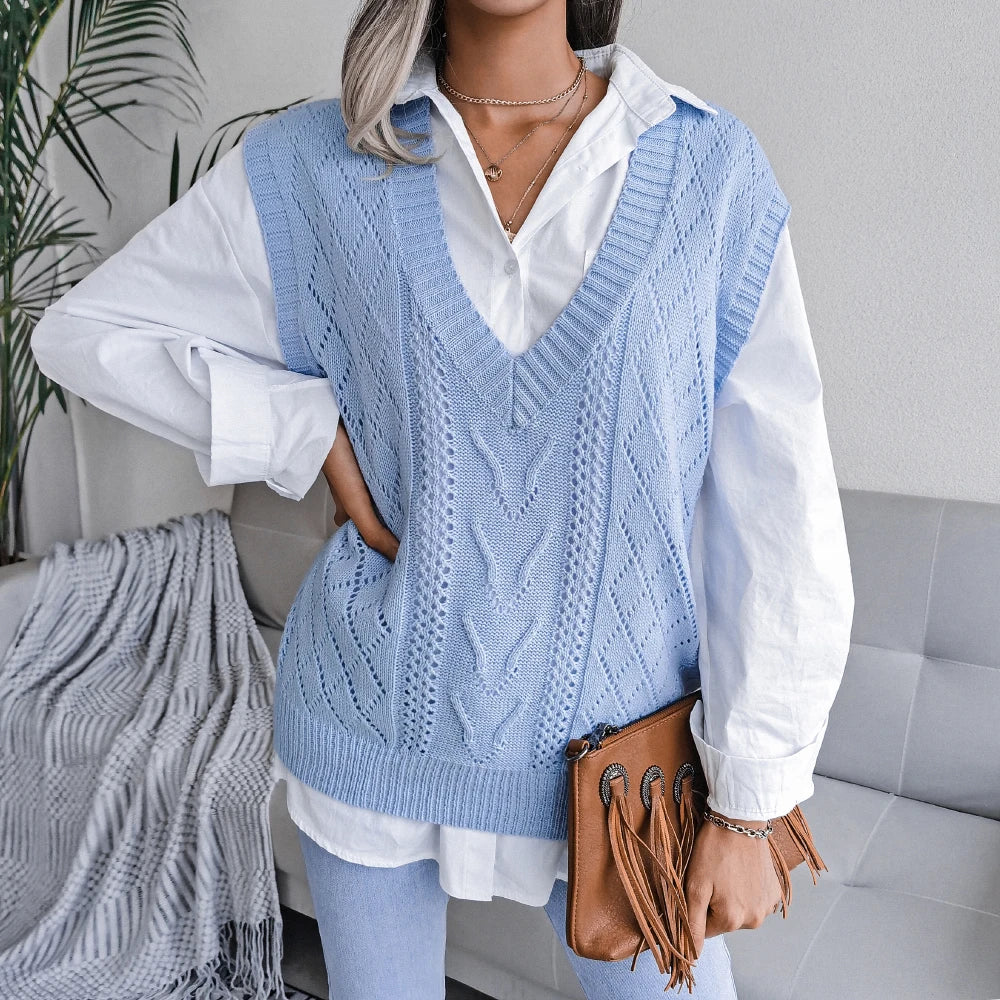 Amelia Textured Knit Cable Knit Sweater Vest | Relaxed Fit V-Neck Sleeveless Sweater Vest