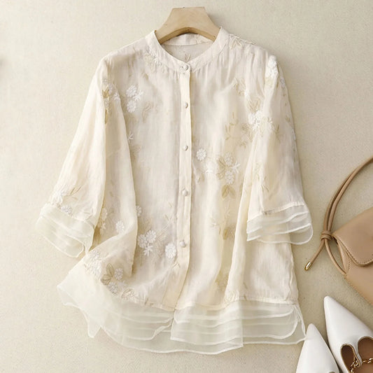Olivia Relaxed Fit Blouse | Floral Embroidered Hip-Length Blouse