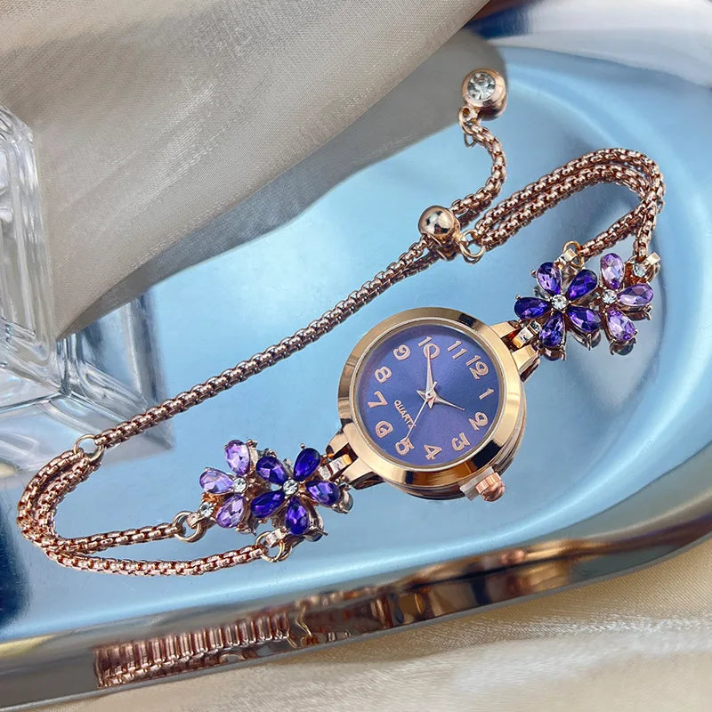 Isla Floral Jeweled Bracelet Style Wristwatch | Fur Trim Wristwatch