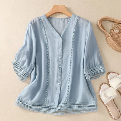 Isla Relaxed Fit Blouse | Button Front Lace Trim Blouse