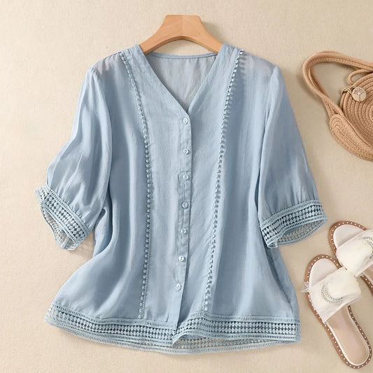Isla Relaxed Fit Blouse | Button Front Lace Trim Blouse