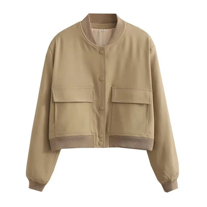 Clara  Cropped Bomber Jacket | Snap Buttons Flap Pockets Bomber Jacket