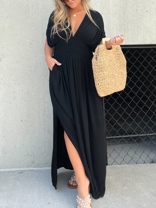 Sabine V-Neck Maxi Dress | Flowy Fit with Pockets