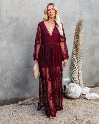 Safiya Dress | Elegant Lace Maxi Dress with Split