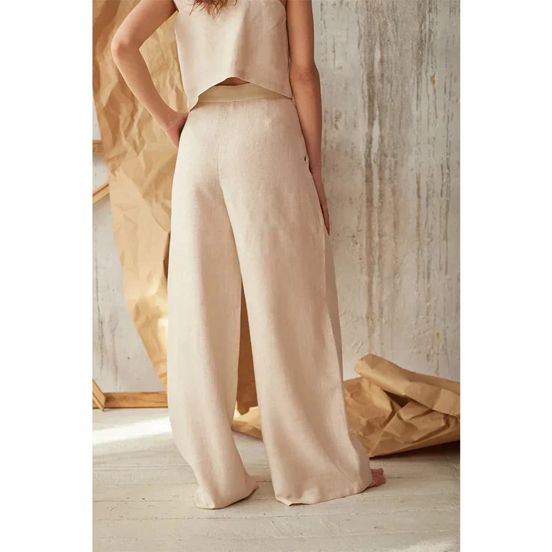 Isla Pleated Wide-Leg Pants | Button Front Pockets Pants